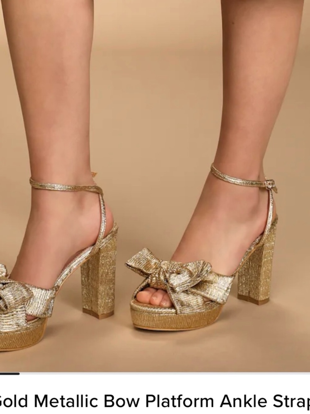 NWT Lulus  Lilsa Gold Metallic Bow Platform Ankle-Strap Heels